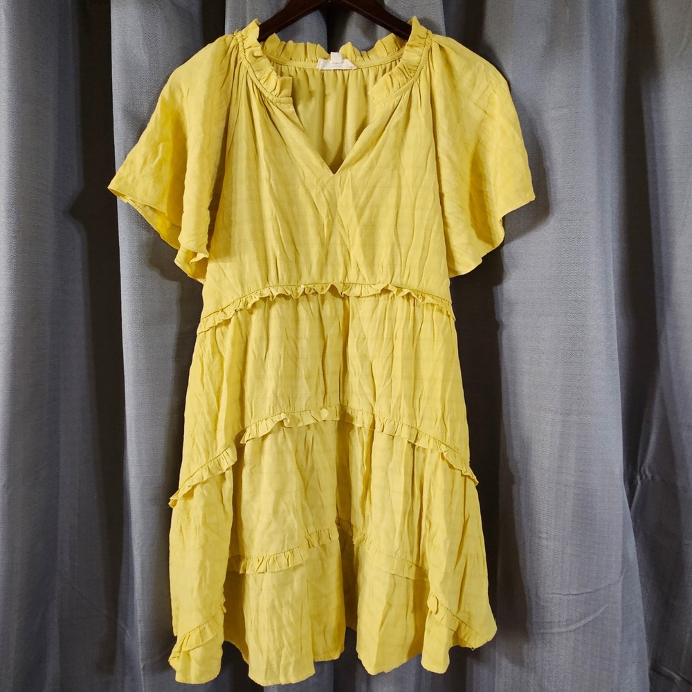 Entro Womens Mustard Yellow Tiered Ruffle Mini Dress V-Neck Flutter‎ Sleeve S